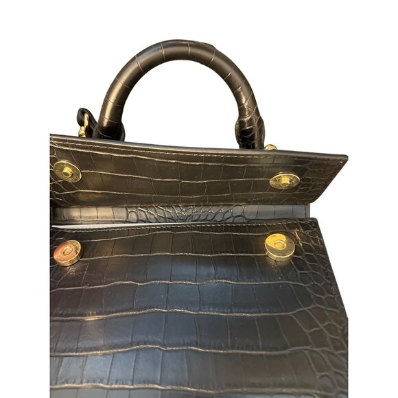 Modern Picnic Black Vegan Leather Lunch Bag Box Croc Embossed Crossbody NWOT - Picture 8 of 9